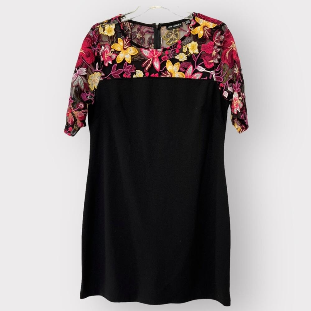 Nina Leonard Embroidered Floral‎ Shoulder Black Dress women’s Sheath Dress Large